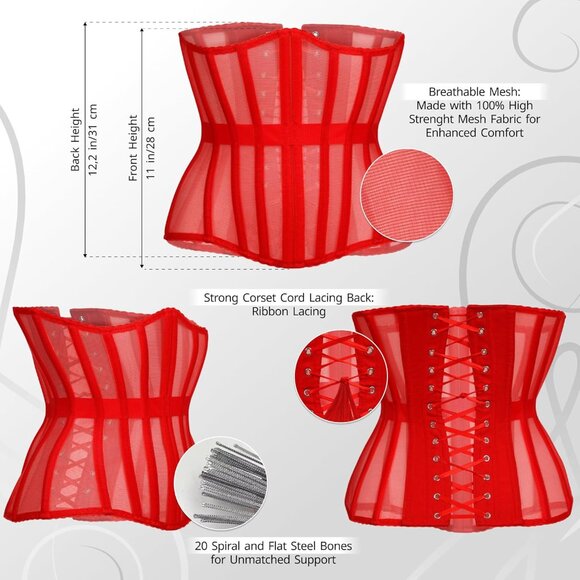 Women's Red Underbust Corset Lace Up Waist Trainer Shapewear Body Shaper - Picture 2 of 7
